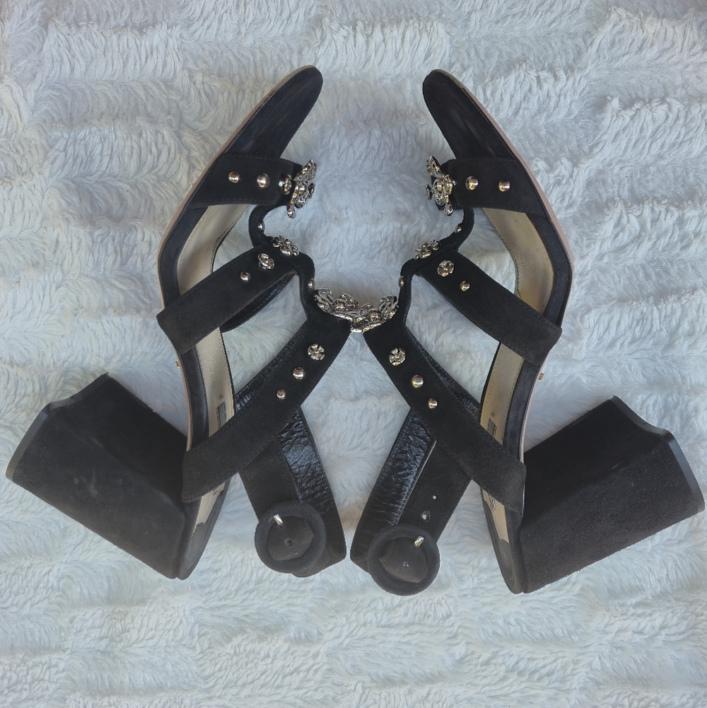 Prada Black Suede Multi-Strap Heels with Crystal Flower Accents - Picture 9 of 11